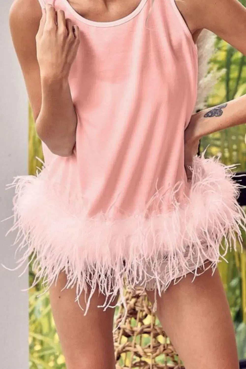 BiBi French Terry Faux Feather Bottom Back Tied Top - Love Salve